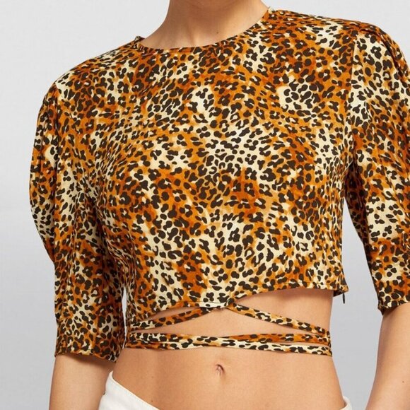 New Maje Lipard Cropped Tie Waist Crepe Leopard Print Top Size Medium US/2 FR - Picture 2 of 9